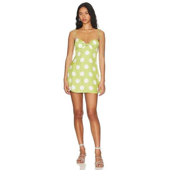 NWT For Love & Lemons Adira Green & White Polka Dot Mini Dress Size XL - Picture 1 of 9